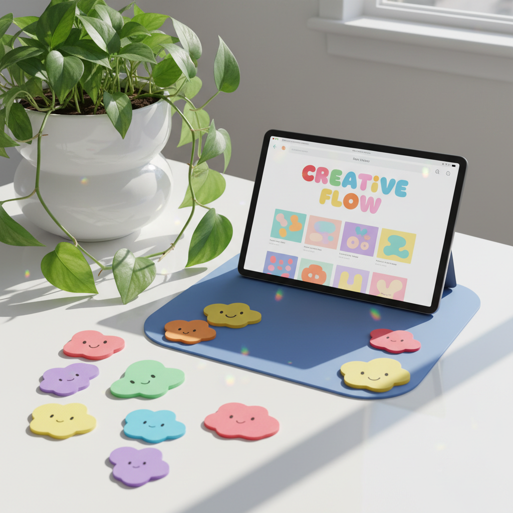 A glossy workspace bursting with color: a sleek tablet displaying a stylized blog homepage rests atop a pastel blue, soft-cornered mouse pad. Surrounding the tablet are rounded sticky notes in rainbow shades and an oversized, bulbous plant pot with a thriving pothos vine trailing whimsically. Natural light bounces off the shiny surfaces, creating miniature rainbows and intricate shadows that curve playfully over the objects. Captured at eye level with a rule of thirds composition, this setup radiates creative energy and the welcoming feel of a fresh blog update. The bright, photographic style highlights bold forms and an energetic atmosphere, connecting to the blog’s playful intent.