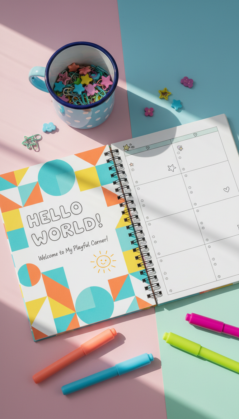 A brightly patterned spiral notebook, its cover featuring whimsical geometric shapes in vivid orange, teal, and yellow, sits open on a cheerful, candy-colored desk. Plump, rounded pens and highlighters are scattered around, along with a glossy enamel mug filled with playful-shaped paperclips. Sunlight pours through a window, casting lively patches of light and creating vibrant color reflections on the desk and notebook pages. The scene is photographed from a slightly elevated angle, emphasizing energetic composition and dynamic interplay of shapes. The mood is fun, upbeat, and inviting, perfectly capturing a playful personality and the beginnings of a personal introduction blog. Photographic realism blends with a vibrant, rounded visual style.